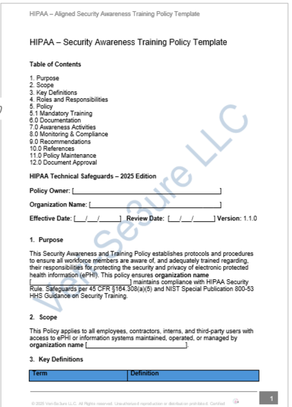 HIPAA - Security Awareness Training Policy Template | Audit-Ready & Easy