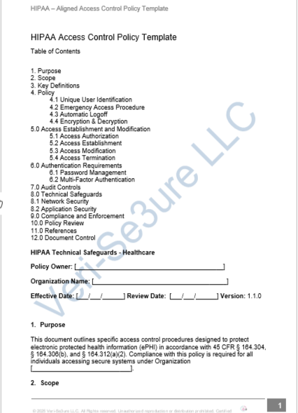 HIPAA Access Control Policy Template with table of contents on a white background