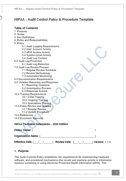 HIPAA Audits Control Policy – Fillable PDF Template