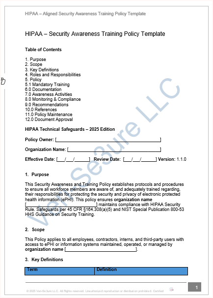 HIPAA Security Awareness Training Policy – Fillable PDF Template