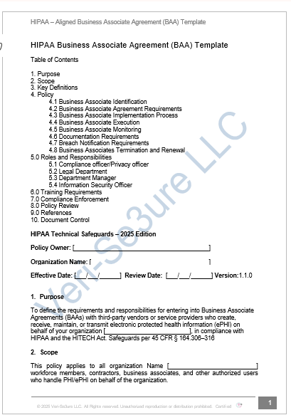 HIPAA Business Associate Agreement (BAA) Policy – fillable PDF Template