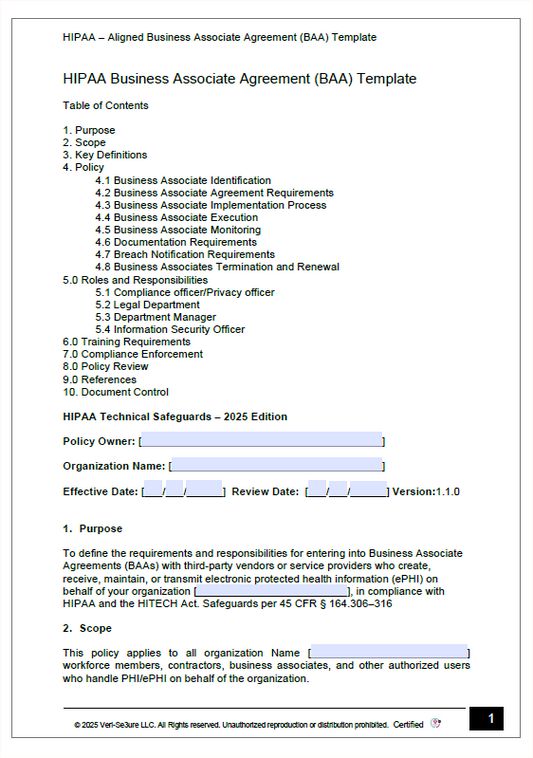 HIPAA - Security Business Associate Agreement (BAA) Policy Template | Audit-Ready & Easy