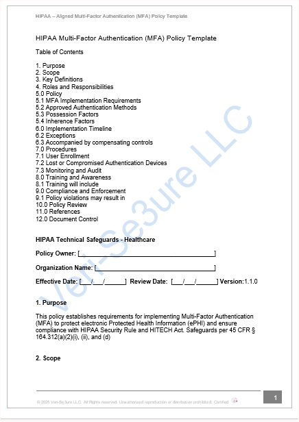 HIPAA Multi-Factor Authentication (MFA) Policy - fillable PDF Template