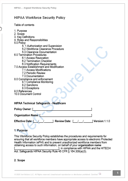 HIPAA Workforce Security Policy -fillable PDF Template