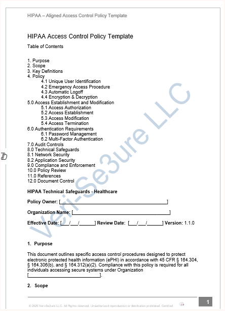 HIPAA Access Control Policy - fillable PDF Template